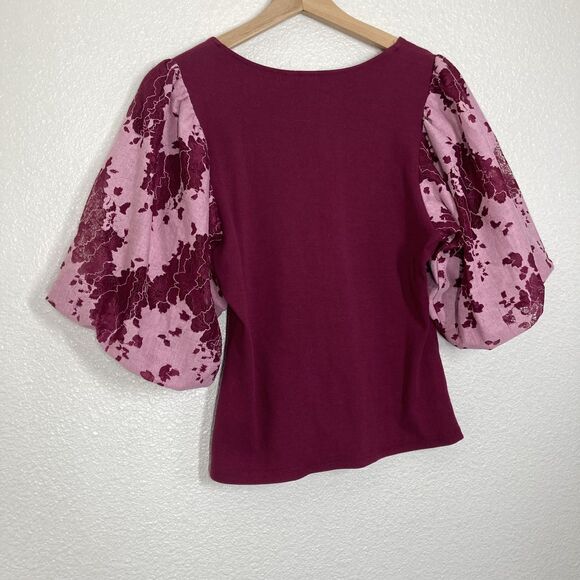 Dolan Shirt Womens Medium Burgundy Pink V-Neck Puff Sleeve Floral Lace Knit - Picture 15 of 16